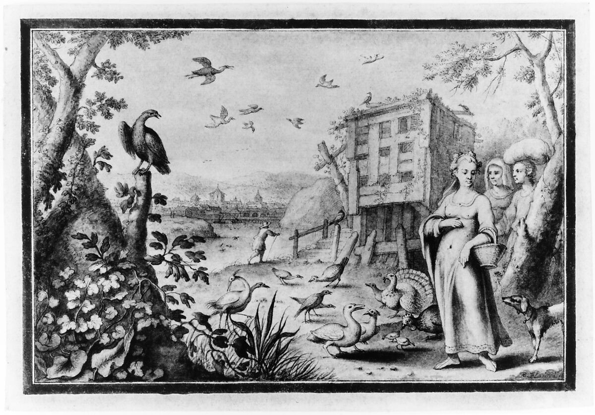Landscape with Three Figures and Birds, Albert Flamen (Flemish, born ca. 1620, active 1648–88), Pen and brown ink, brush and gray wash; framing lines in pen and brown ink, and brush and brown wash
