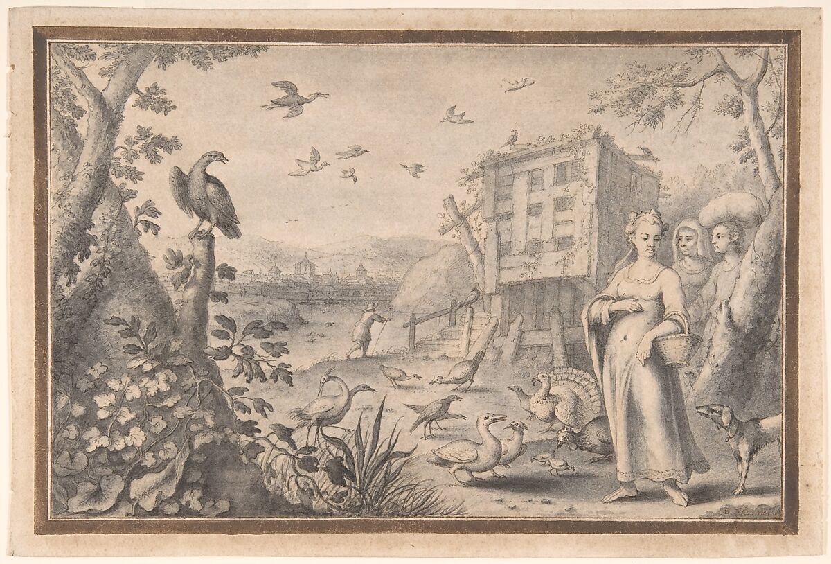 Landscape with Three Figures and Birds, Albert Flamen (Flemish, born ca. 1620, active 1648–88), Pen and brown ink, brush and gray wash, framing lines in pen and brown ink, and brush and brown wash. 
