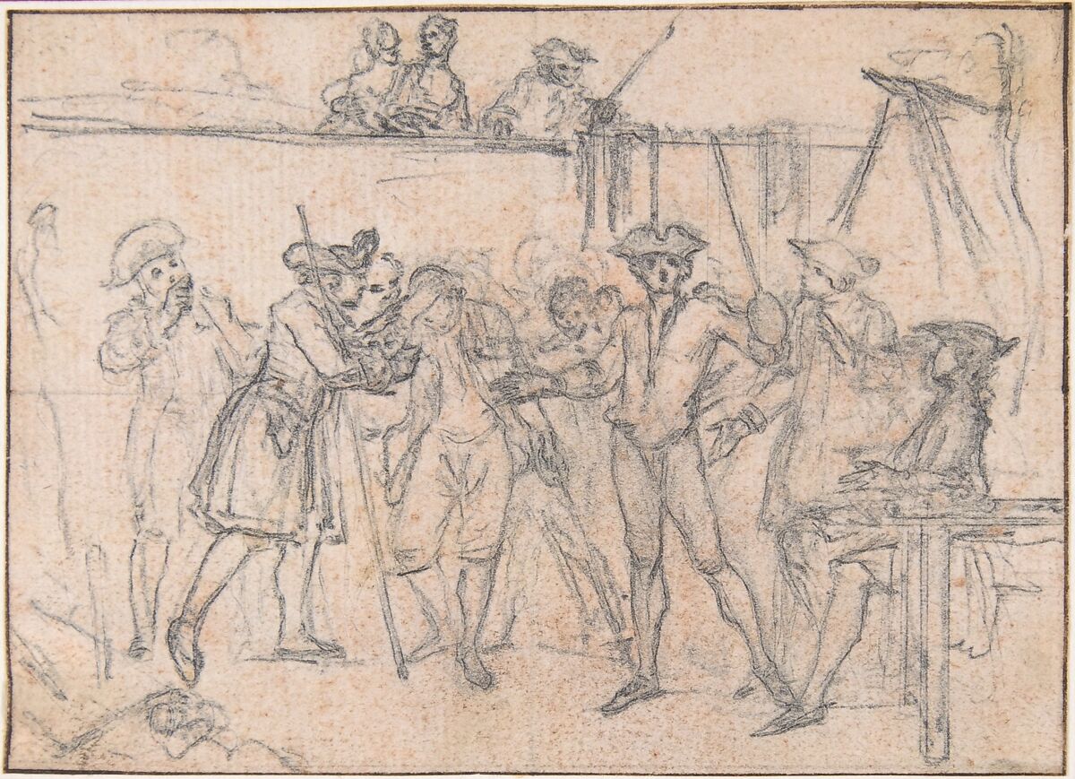 Study for "The Conquest, or Hob's Triumph," etched vignette in "Songs in the Opera of Flora", Hubert François Gravelot (French, Paris 1699–1773 Paris), Pen and blue and brown ink, graphite, with slight traces of red chalk 