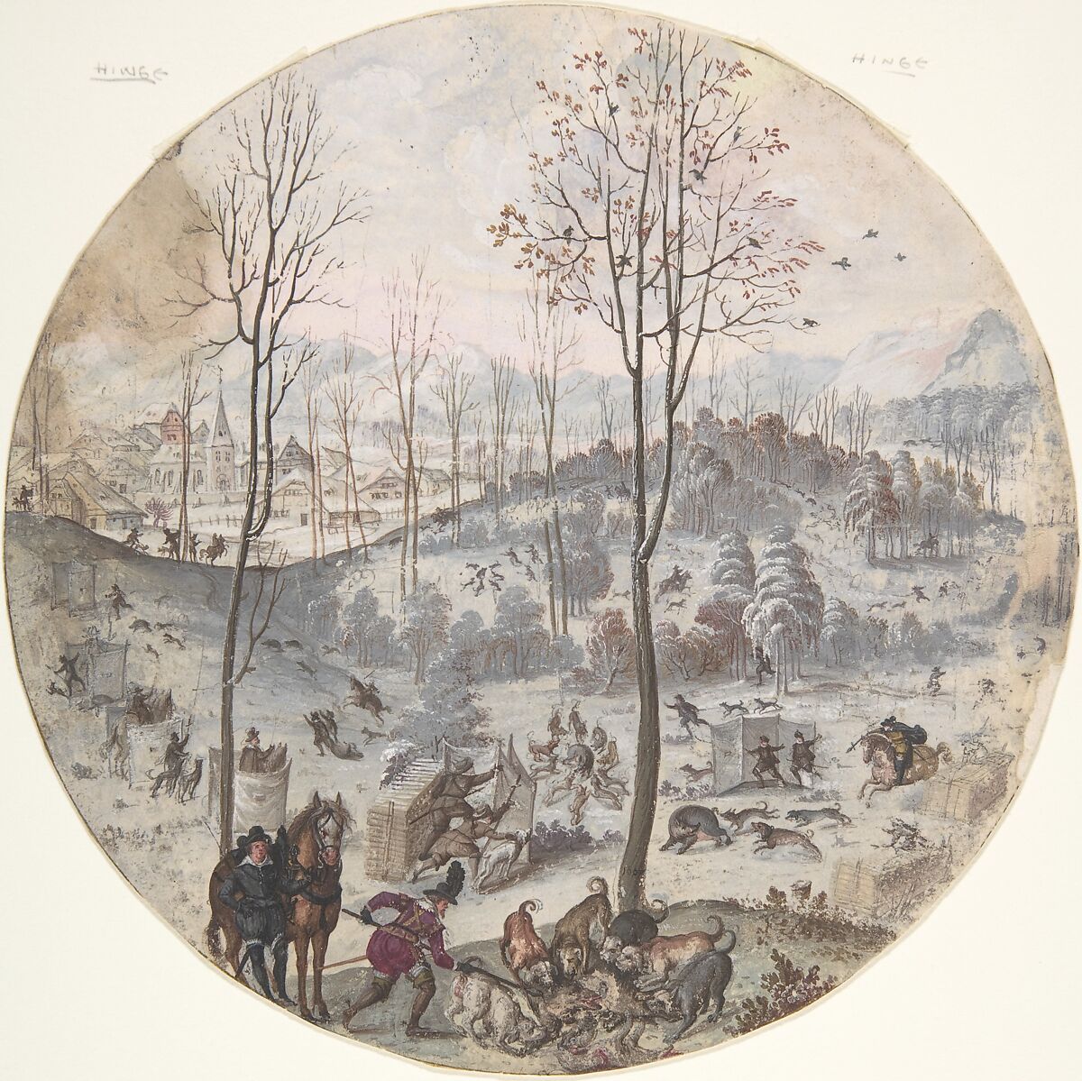 A Boar Hunt, Anonymous, Flemish, 17th century, Watercolor and bodycolor 