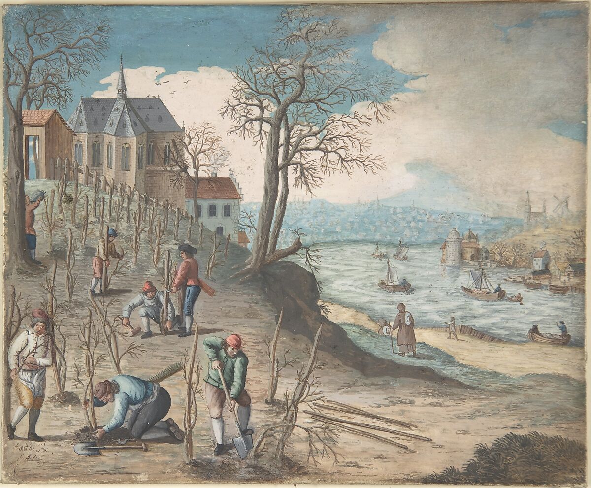 Planting Trees, Anonymous, Flemish, 18th century ?, Gouache on vellum, laid down on panel 