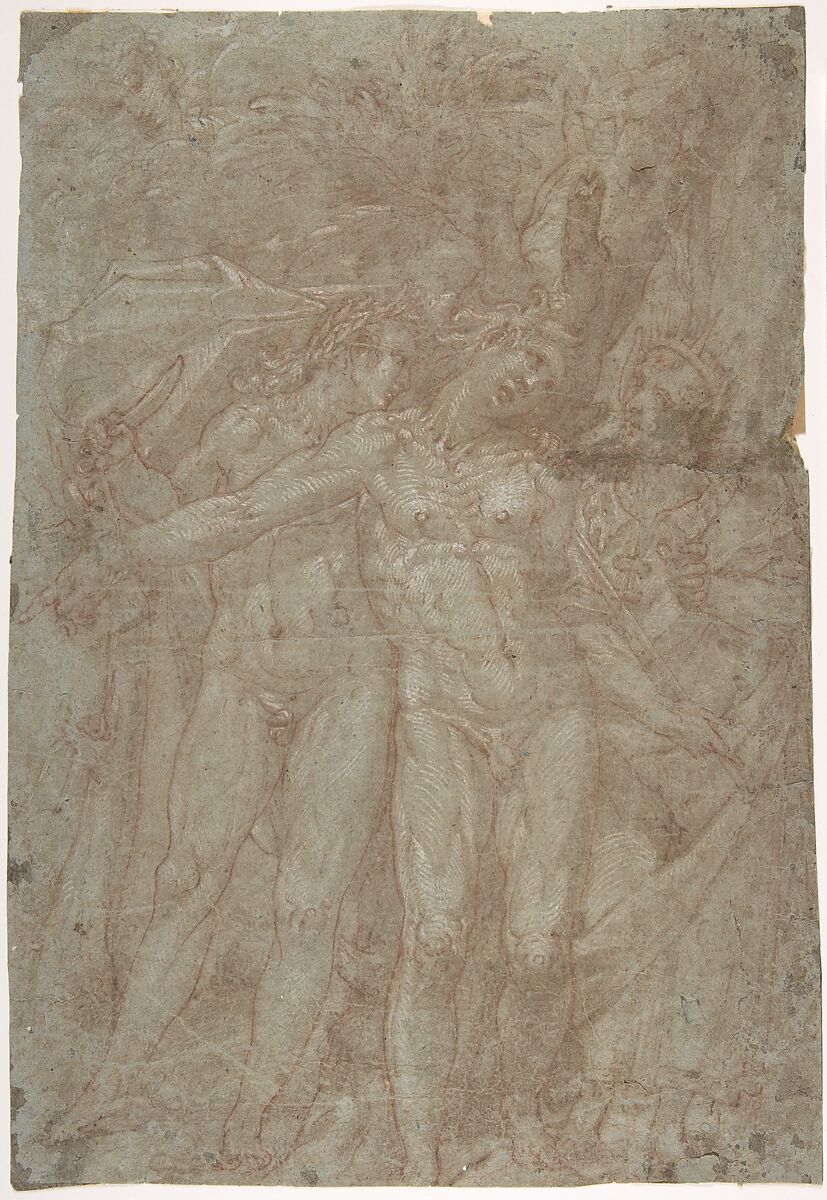 Apollo, Marsyas, and Midas, Anonymous, Netherlandish, 16th century, Red chalk, brown wash, heightened with white on blue paper. Attached to old mat 