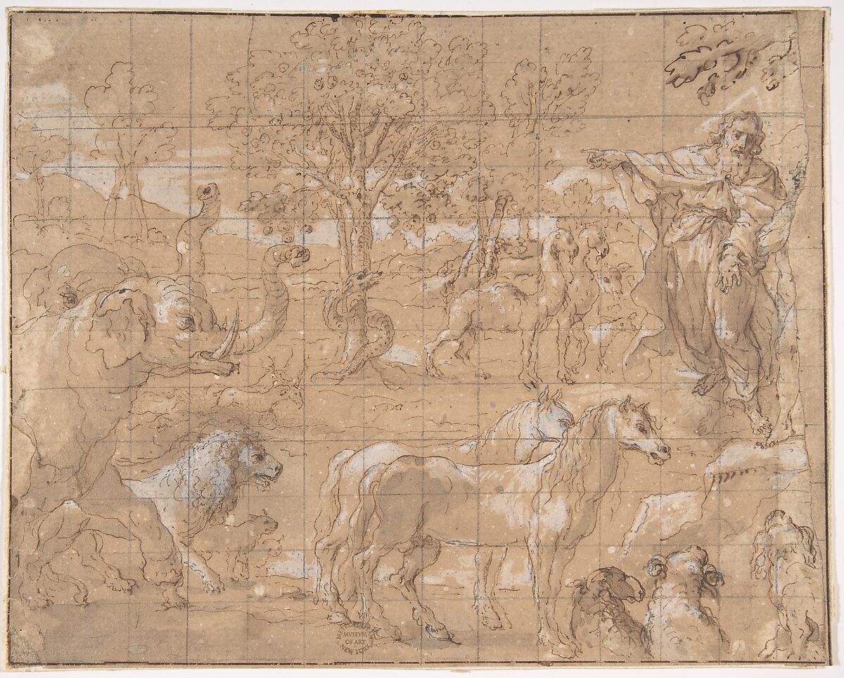 Garden of Eden; Creation of the Animals, Anonymous, Netherlandish, 16th century, Pen and bistre, washed, highlighted with white gouache, on brown paper, squared 