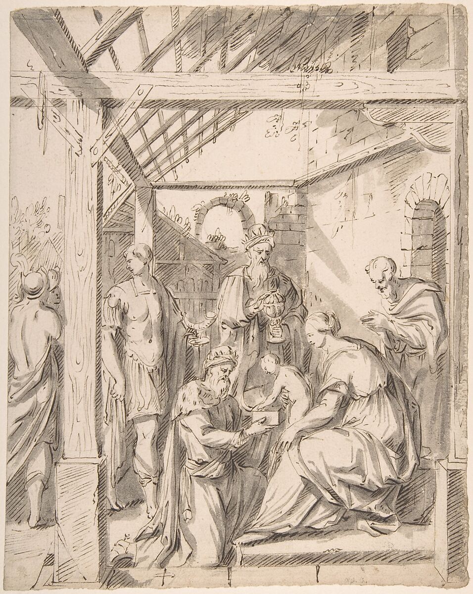 Adoration of the Magi, Anonymous, Netherlandish, 16th century ?, Pen and brown ink, gray wash, over traces of black chalk 