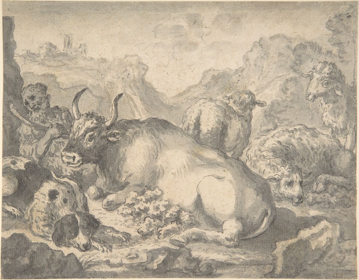 Sheperd with his Flock and a Dog, Anonymous, Flemish, 17th century ?, Pen and gray ink, brush and gray wash, over black chalk 
