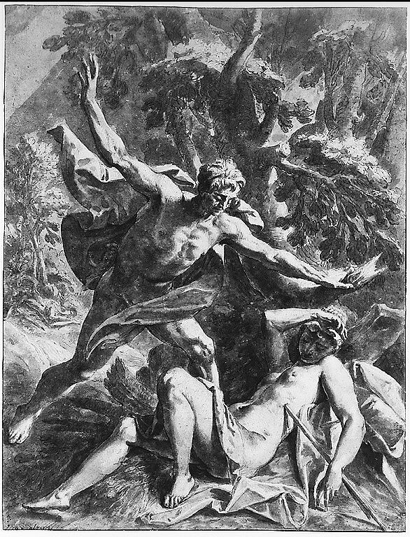 Cephalus and Procris, Anonymous, Netherlandish, 16th century, Pen and brown ink, brush and brown wash, heightened with white over black chalk