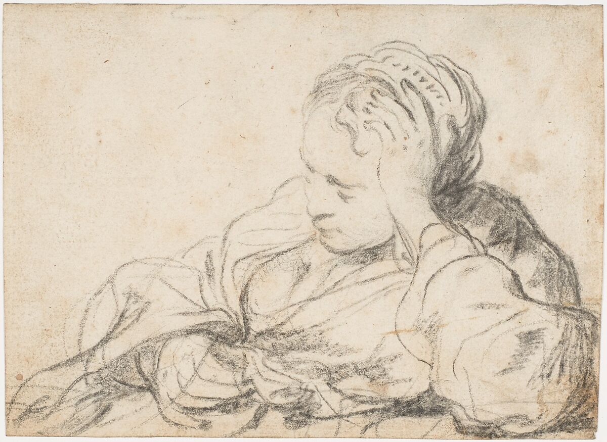 A Woman Asleep (recto);  Landscape Composition with Well-Sweep (verso), Govert Flinck (Dutch, Cleve 1615–1660 Amsterdam), Black chalk