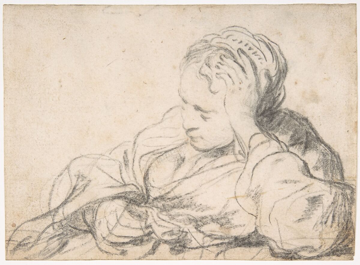 A Woman Asleep (recto);  Landscape Composition with Well-Sweep (verso), Govert Flinck (Dutch, Cleve 1615–1660 Amsterdam), Black chalk 
