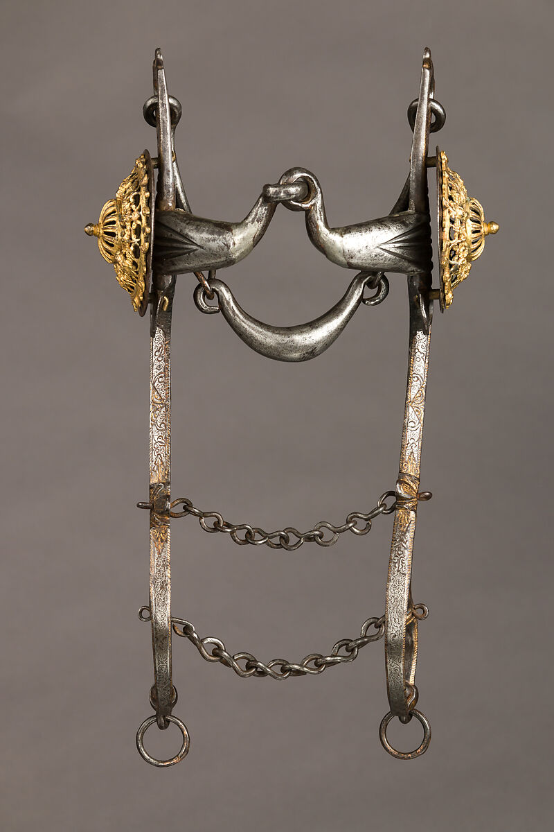 Curb Bit, Iron alloy, copper alloy, gold, bit, German or Netherlandish; bosses, German