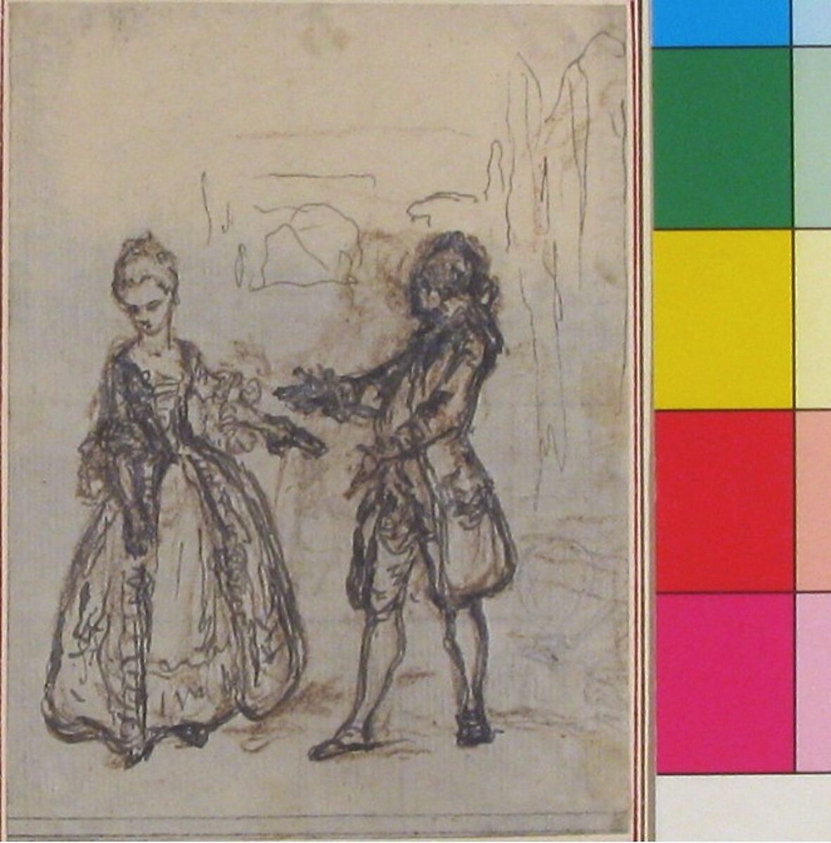 Design for a Scene in Pierre de Laujon's "L'Amoureux de quinze ans, ou la Double-Fête...", Hubert François Gravelot (French, Paris 1699–1773 Paris), Pen and brown ink with brown chalk
