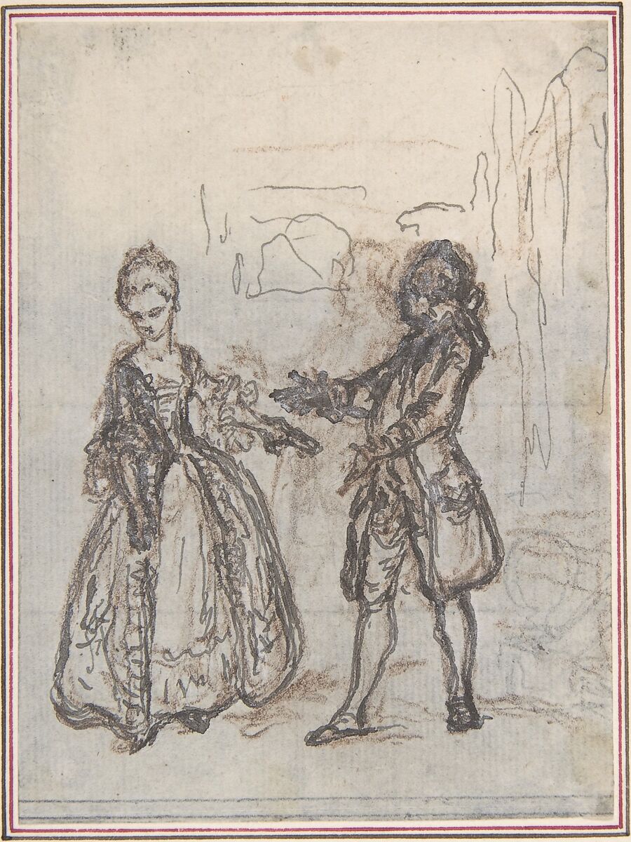 Design for a Scene in Pierre de Laujon's "L'Amoureux de quinze ans, ou la Double-Fête...", Hubert François Gravelot (French, Paris 1699–1773 Paris), Pen and brown ink with brown chalk 