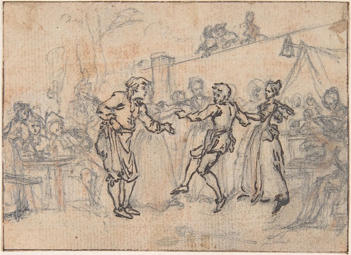 Study for "Hob Continues Dancing in Spite of his Father," etched vignette in "Songs in the Opera of Flora", Hubert François Gravelot (French, Paris 1699–1773 Paris), Pen and black ink, black chalk, over graphite underdrawing 