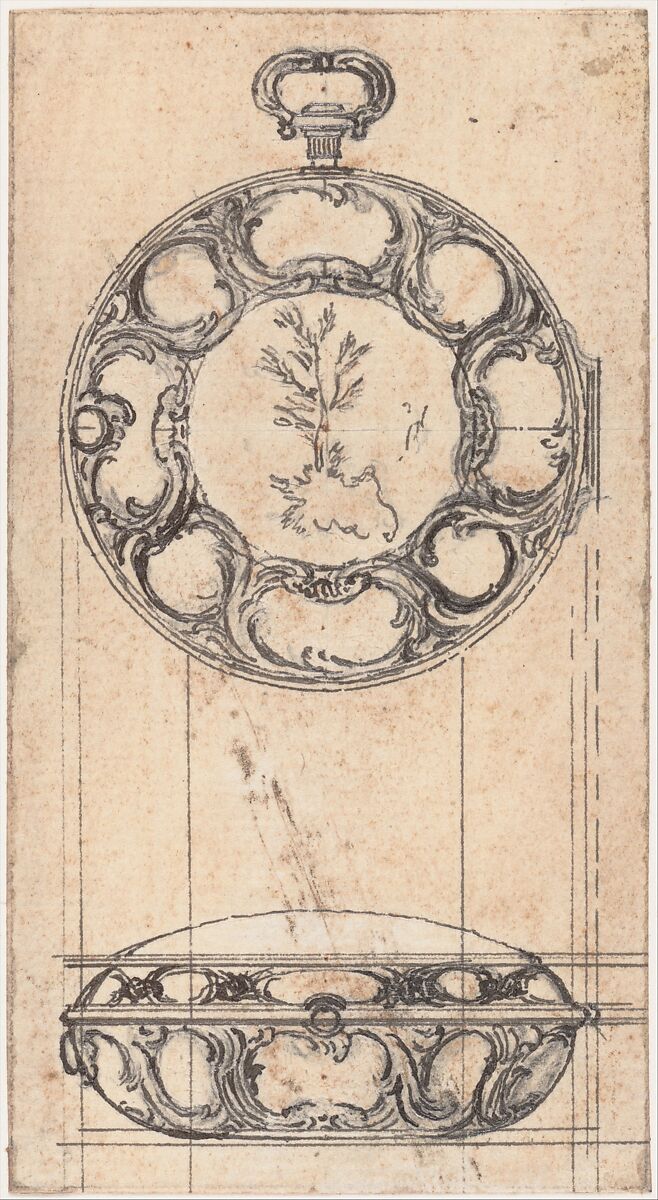 Design for a Gold Watchcase Showing Front and Elevation, Hubert François Gravelot (French, Paris 1699–1773 Paris), Pen and gray ink over graphite; incised; rubbed and smudged with brown ink