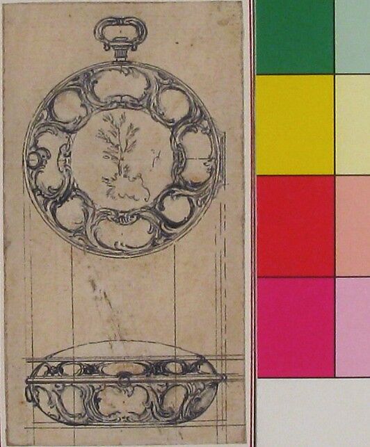 Design for a Gold Watchcase Showing Front and Elevation, Hubert François Gravelot (French, Paris 1699–1773 Paris), Pen and gray ink over graphite; incised; rubbed and smudged with brown ink