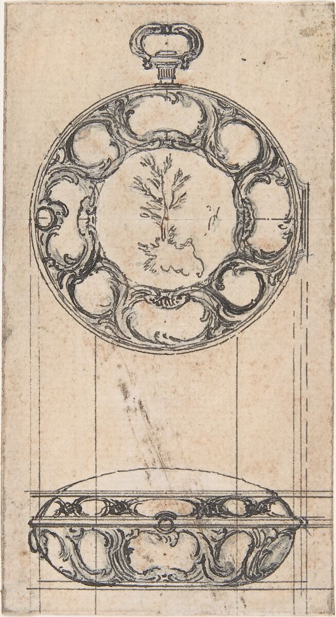 Design for a Gold Watchcase Showing Front and Elevation, Hubert François Gravelot (French, Paris 1699–1773 Paris), Pen and gray ink over graphite underdrawing. Incised. Rubbed and smudged with brown ink. 