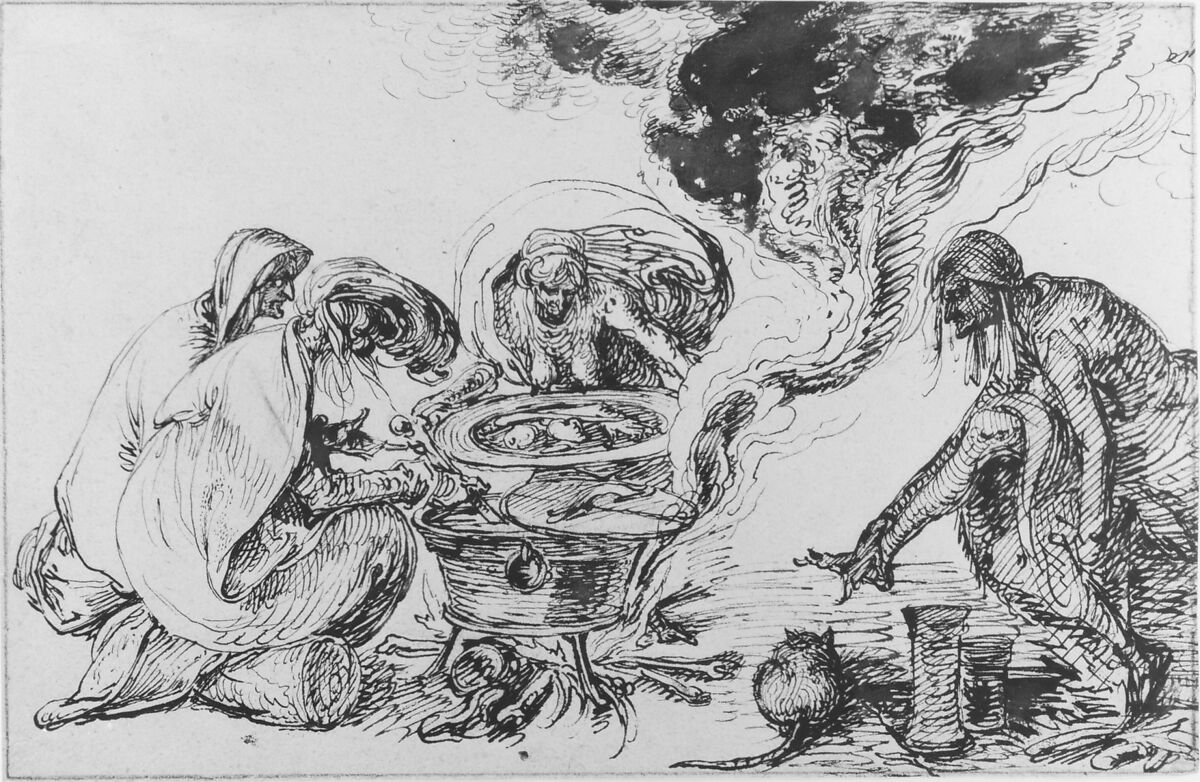 Witches' Sabbath, Jacques de Gheyn II (Netherlandish, Antwerp 1565–1629 The Hague), Pen and brown ink, brush and brown wash, on brownish paper; framing lines in black chalk