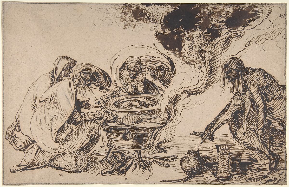 Witches' Sabbath, Jacques de Gheyn II (Netherlandish, Antwerp 1565–1629 The Hague), Pen and brown ink, brush and brown wash, on brownish paper; framing lines in black chalk 