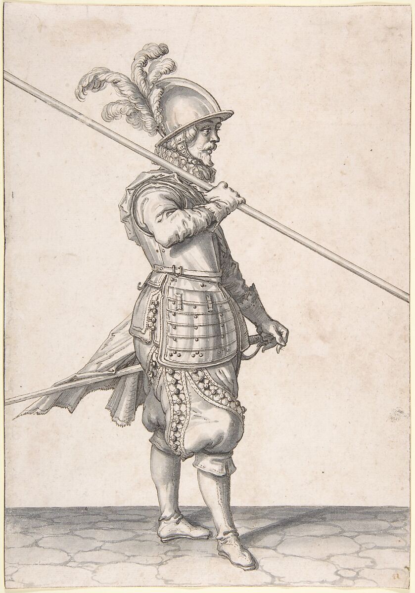 The Soldier Carrying His Pike at the Slope, Jacques de Gheyn II (Netherlandish, Antwerp 1565–1629 The Hague), Pen and brown ink, gray wash; incised for transfer 