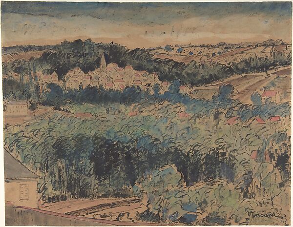 Landscape near Auvers, Attributed to Giran Max, Brush, pen and black ink, watercolor, over charcoal on brownish paper. 