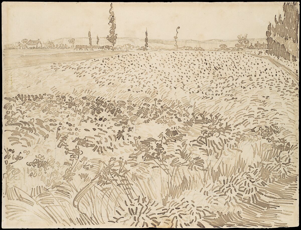 Wheat Field, Vincent van Gogh (Dutch, Zundert 1853–1890 Auvers-sur-Oise), Reed pen and logwood ink over graphite on wove paper 