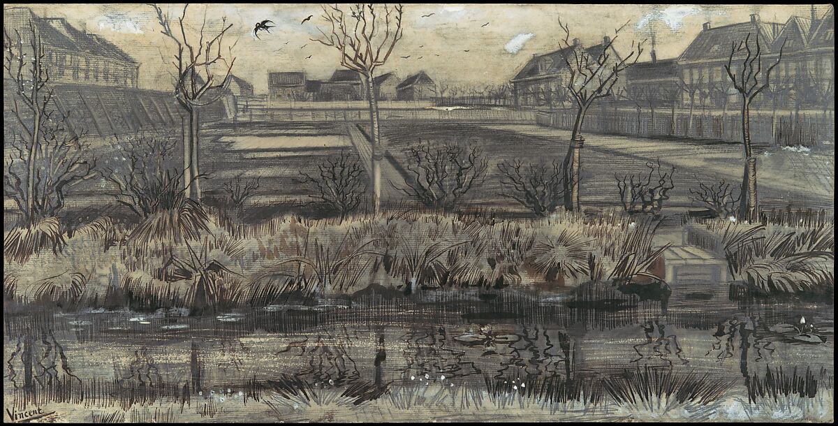 Nursery on Schenkweg, Vincent van Gogh (Dutch, Zundert 1853–1890 Auvers-sur-Oise), Black chalk, graphite, pen, brush, and ink, heightened with white body color on laid paper watermarked ED & CIE (in a cartouche) 