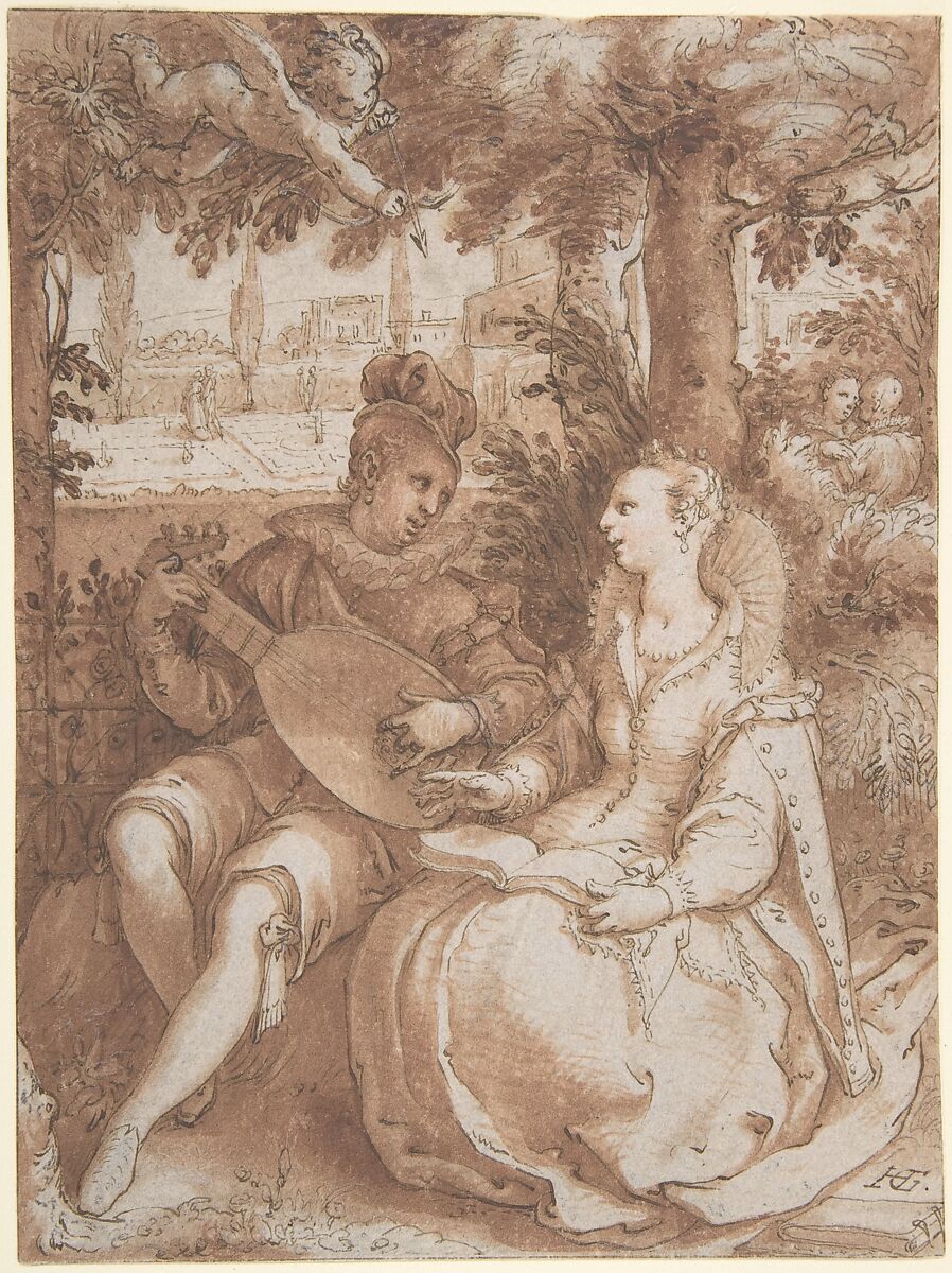 Spring, Drawing for Engraving of the Same Subject, Hendrick Goltzius (Netherlandish, Mühlbracht 1558–1617 Haarlem), Pen and brown ink, brush and red-brown wash, with traces of oxidized white lights 