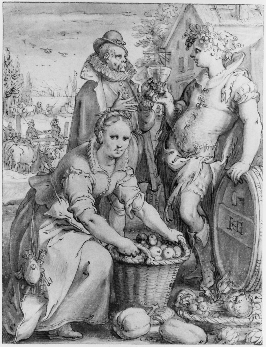 Autumn; Study for an Engraving, Hendrick Goltzius (Netherlandish, Mühlbracht 1558–1617 Haarlem), Pen and brown ink, brush and red-brown wash, over black chalk, heightened with a little white gouache