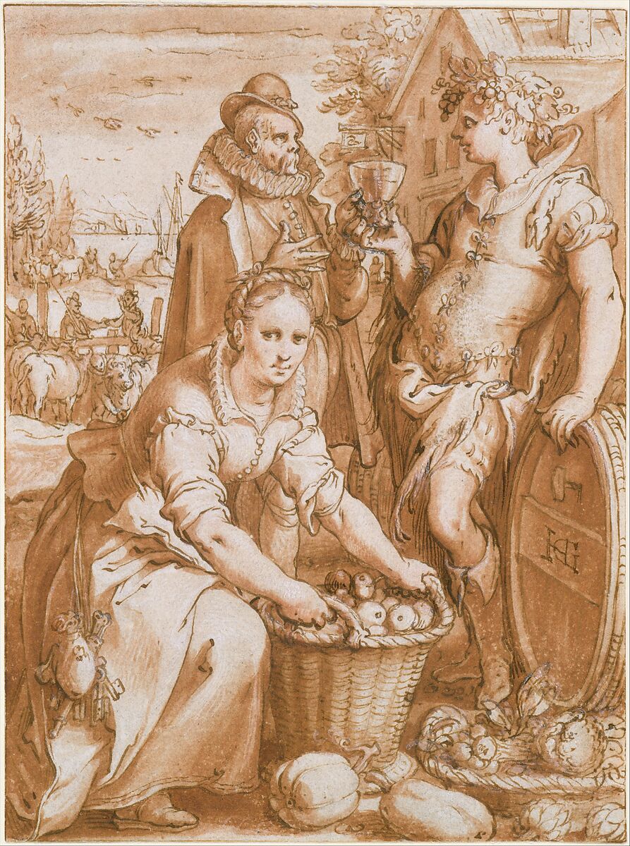 Autumn; Study for an Engraving, Hendrick Goltzius (Netherlandish, Mühlbracht 1558–1617 Haarlem), Pen and brown ink, brush and red-brown wash, over black chalk, heightened with a little white gouache