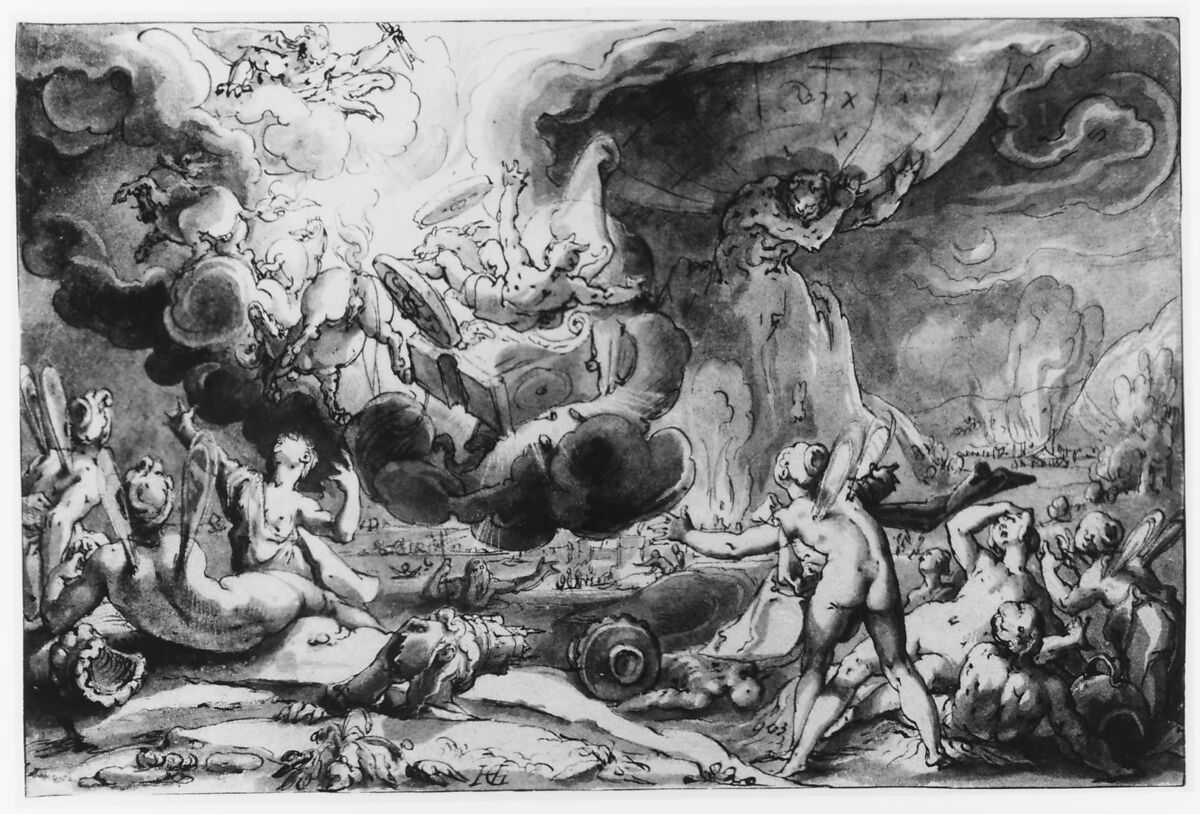 The Fall of Phaeton, Hendrick Goltzius (Netherlandish, Mühlbracht 1558–1617 Haarlem), Pen and brown ink, brown wash, heightened with white (slightly oxidized); brown ink framing lines; incised for transfer