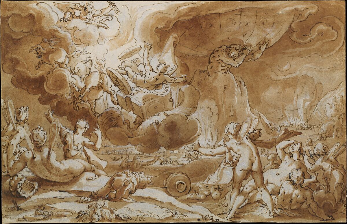 The Fall of Phaeton, Hendrick Goltzius (Netherlandish, Mühlbracht 1558–1617 Haarlem), Pen and brown ink, brown wash, heightened with white (slightly oxidized); brown ink framing lines; incised for transfer