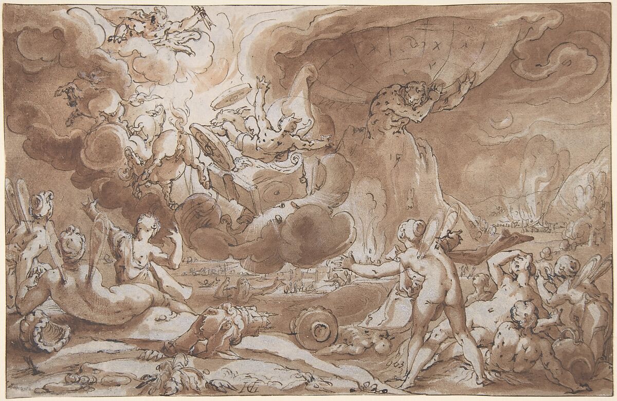 The Fall of Phaeton, Hendrick Goltzius (Netherlandish, Mühlbracht 1558–1617 Haarlem), Pen and brown ink, brown wash, heightened with white (slightly oxidized); brown ink framing lines; incised for transfer 