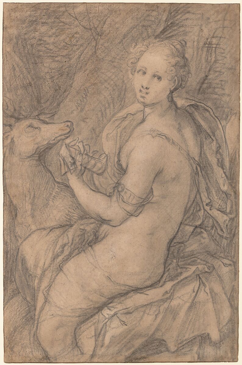 The Sense of Hearing (recto); light sketch of a woman's head and an arm (verso), Hendrick Goltzius (Netherlandish, Mühlbracht 1558–1617 Haarlem), Black chalk, heightened with white chalk, stumped; traces of brown and yellow chalks