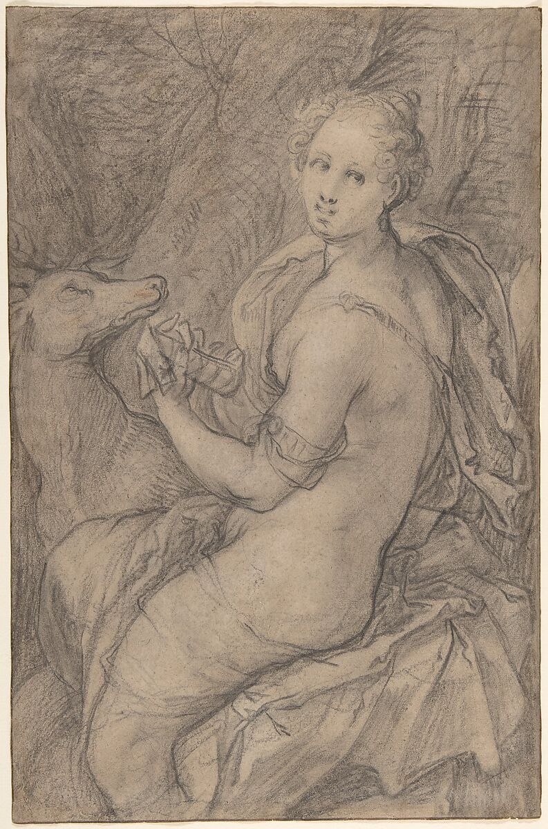 The Sense of Hearing; verso: light sketch of a woman's head and an arm, Hendrick Goltzius (Netherlandish, Mühlbracht 1558–1617 Haarlem), Black chalk, heightened with white chalk, stumped; traces of brown and yellow chalks 