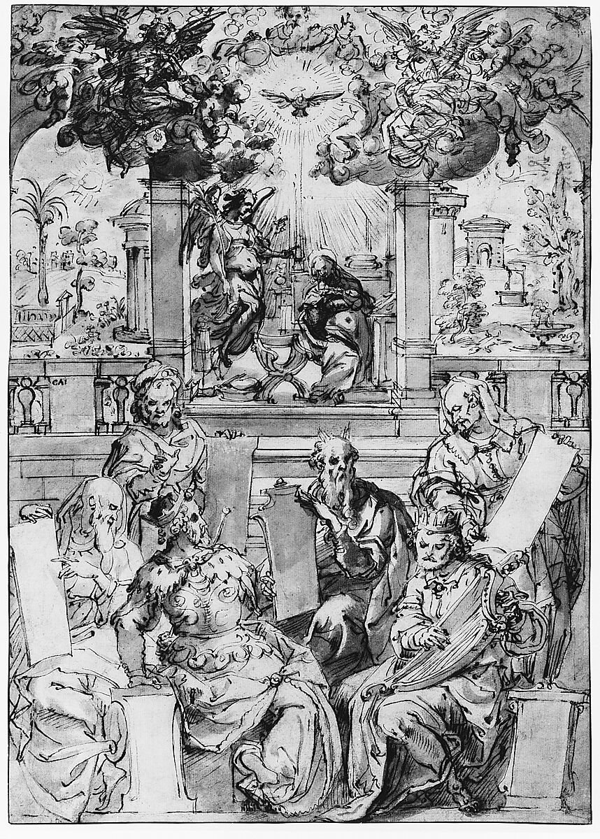 The Six Prophets of the Coming of Christ, Jan van der Straet, called Stradanus (Netherlandish, Bruges 1523–1605 Florence), Pen and brown ink, brush and brown wash, over black chalk; framing lines in pen and brown ink