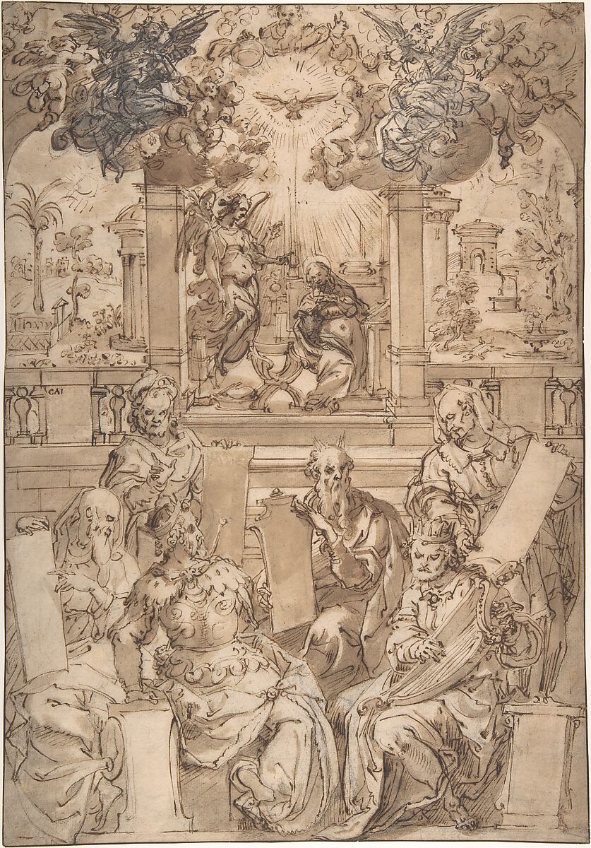 The Six Prophets of the Coming of Christ, Jan van der Straet, called Stradanus (Netherlandish, Bruges 1523–1605 Florence), Pen and brown ink, brush and brown wash, over black chalk; framing lines in pen and brown ink 