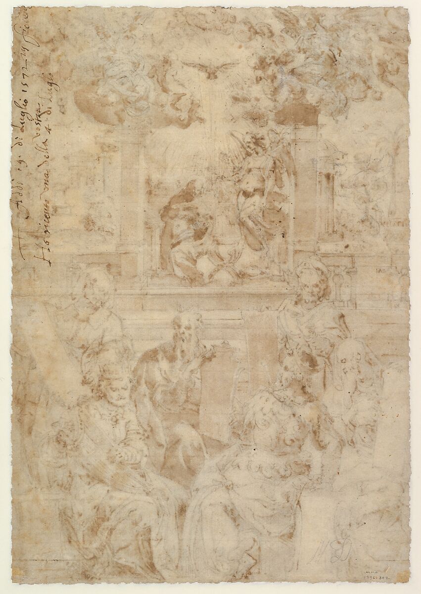 The Six Prophets of the Coming of Christ, Jan van der Straet, called Stradanus (Netherlandish, Bruges 1523–1605 Florence), Pen and brown ink, brush and brown wash, over black chalk; framing lines in pen and brown ink