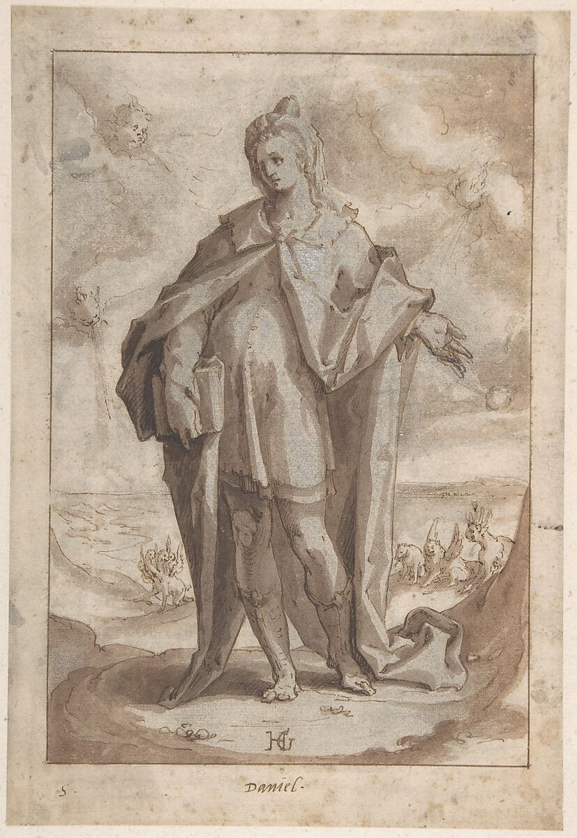 The Prophet Daniel in a Landscape, Hendrick Goltzius (Netherlandish, Mühlbracht 1558–1617 Haarlem), Pen and brown ink, brush and brown wash, heightened with white over black chalk; incised. There is a doodle in pen and brown ink 