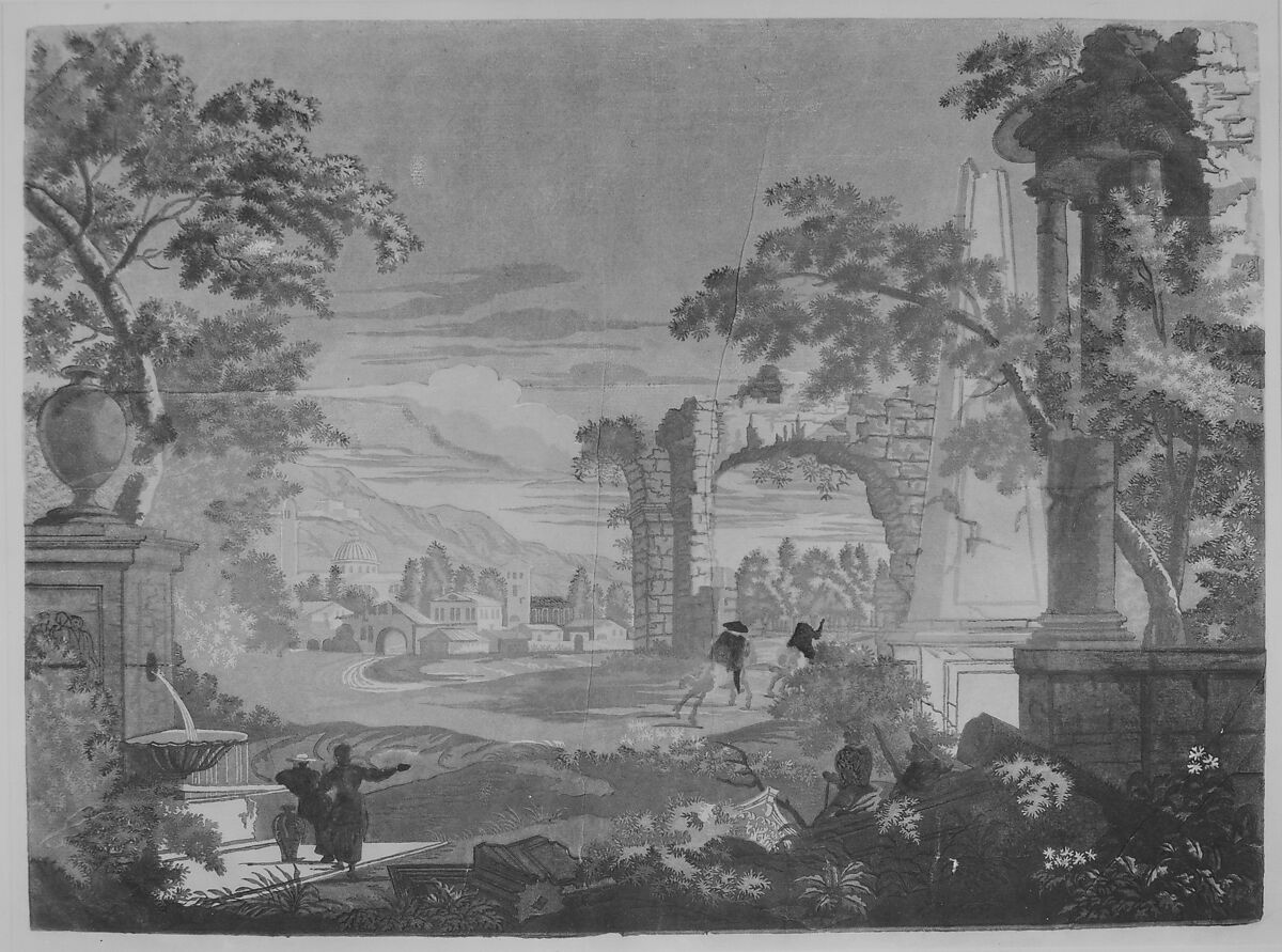 Heroic Landscape with Watering Place, Riders, and Obelisk, John Baptist Jackson (British, ca. 1701–ca. 1780), Woodcut 