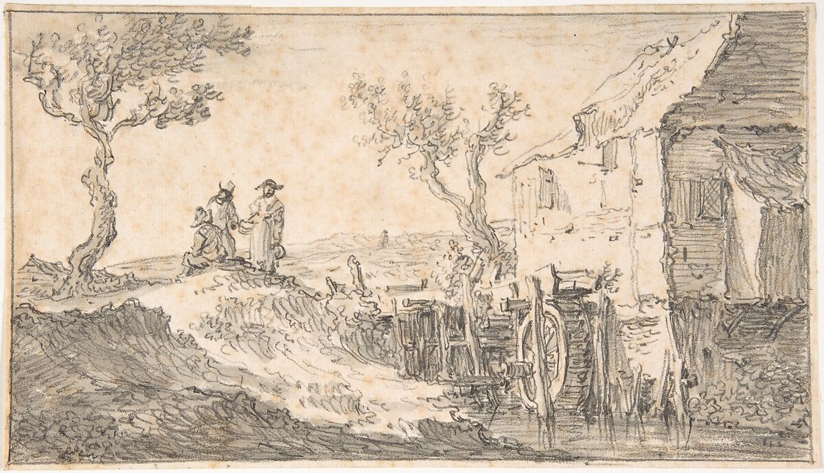 The Water Mill, Jan van Goyen (Dutch, Leiden 1596–1656 The Hague), Black chalk and gray wash. 