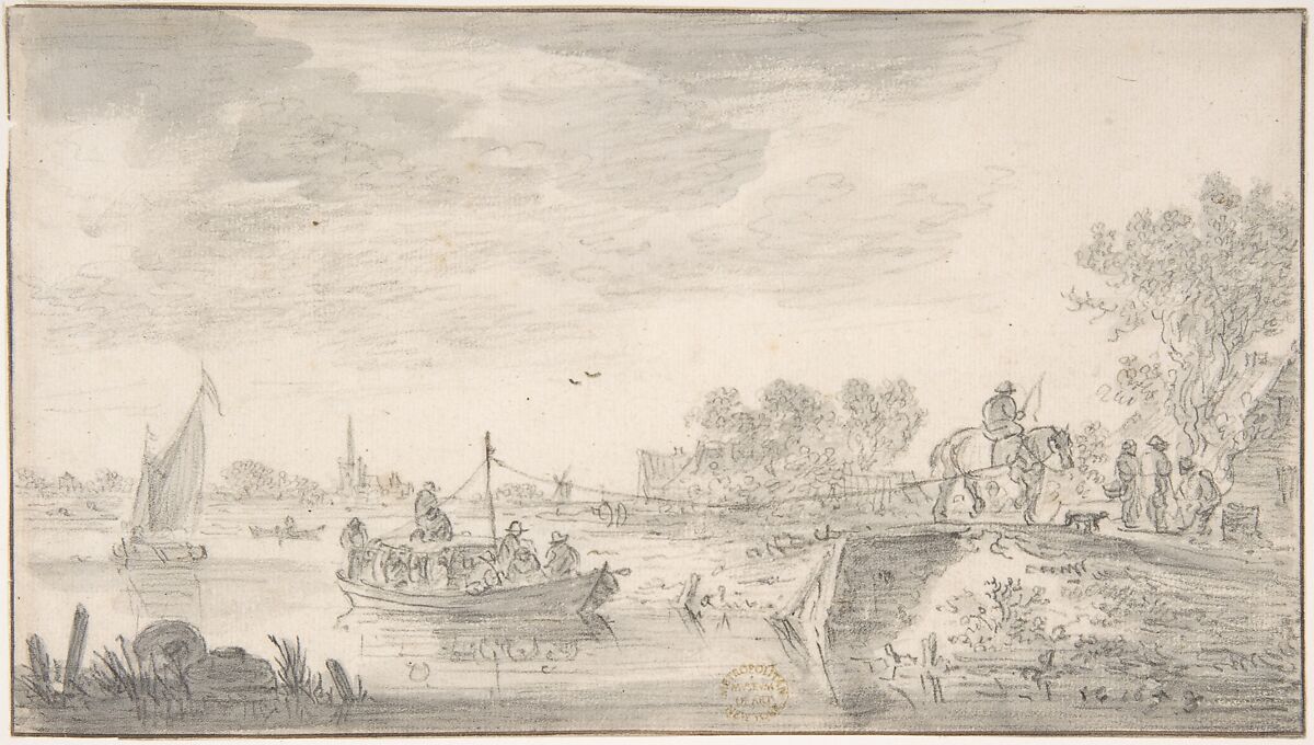 River Scene with Towboat, Jan van Goyen (Dutch, Leiden 1596–1656 The Hague), Black chalk washed with India ink. 
