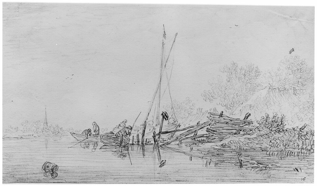 River Scene, Jan van Goyen (Dutch, Leiden 1596–1656 The Hague), Black chalk, gray wash