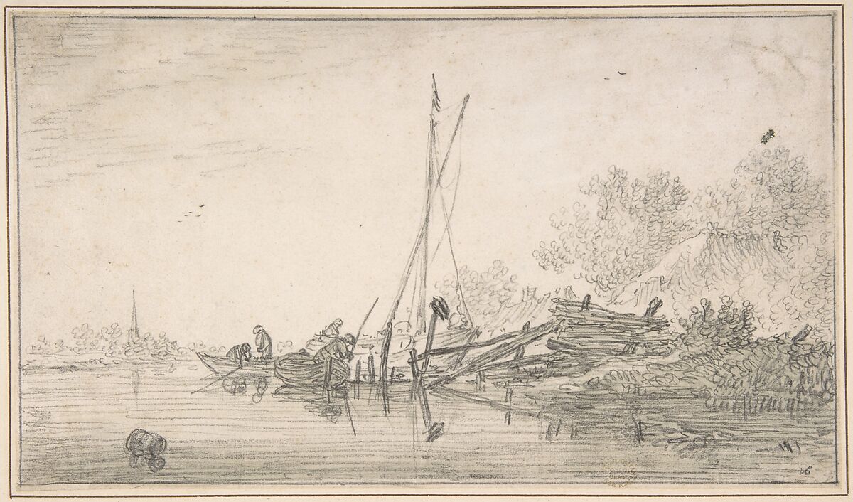 River Scene, Jan van Goyen (Dutch, Leiden 1596–1656 The Hague), Black chalk, gray wash 