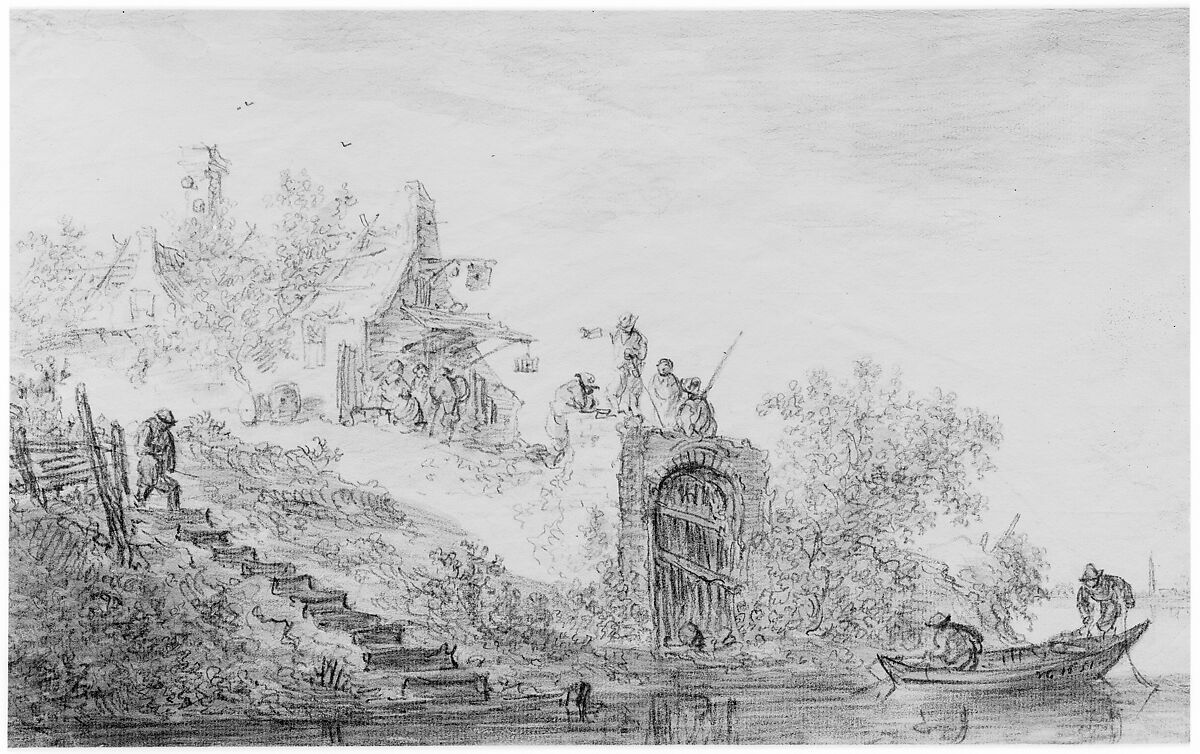 Landscape with Figures, Jan van Goyen (Dutch, Leiden 1596–1656 The Hague), Black chalk, gray and brown wash.