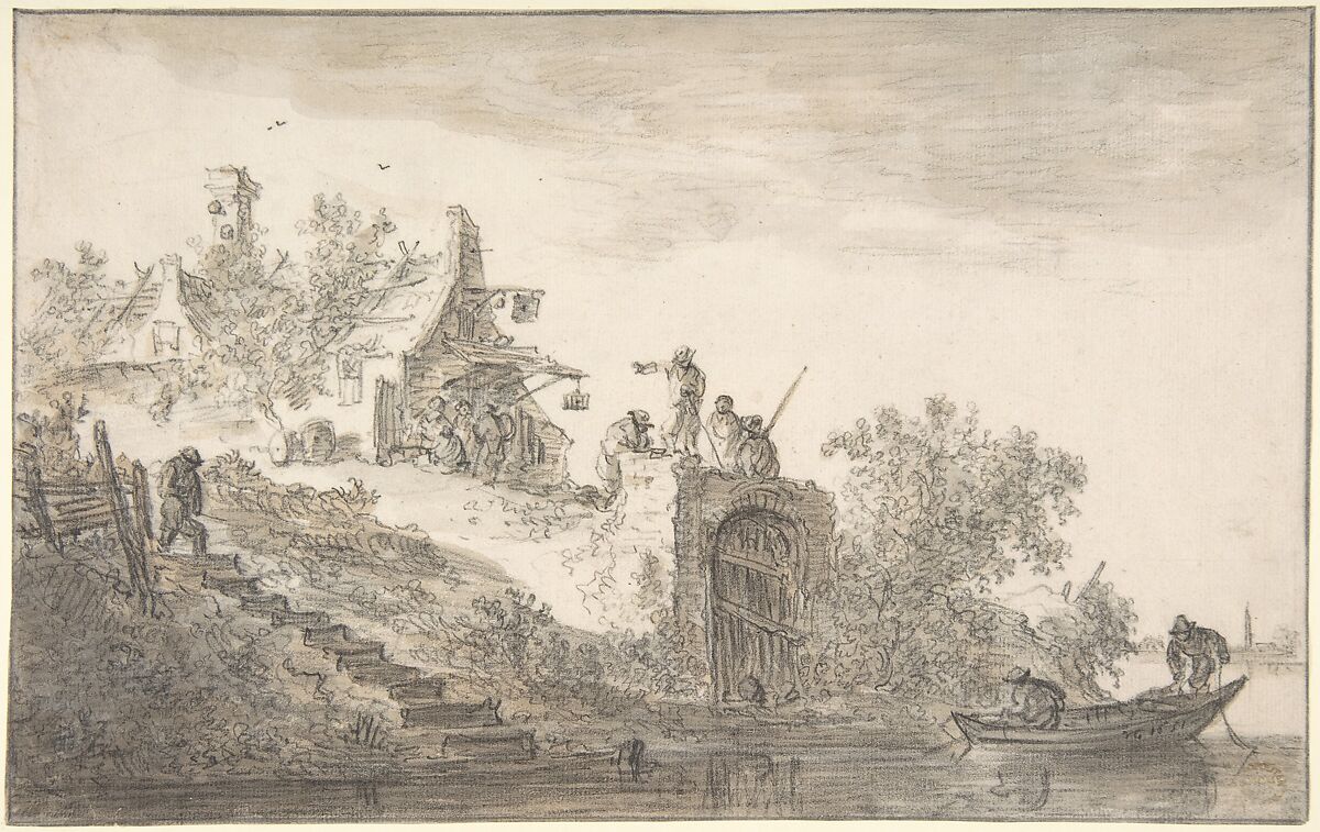 Landscape with Figures, Jan van Goyen (Dutch, Leiden 1596–1656 The Hague), Black chalk, gray and brown wash. 