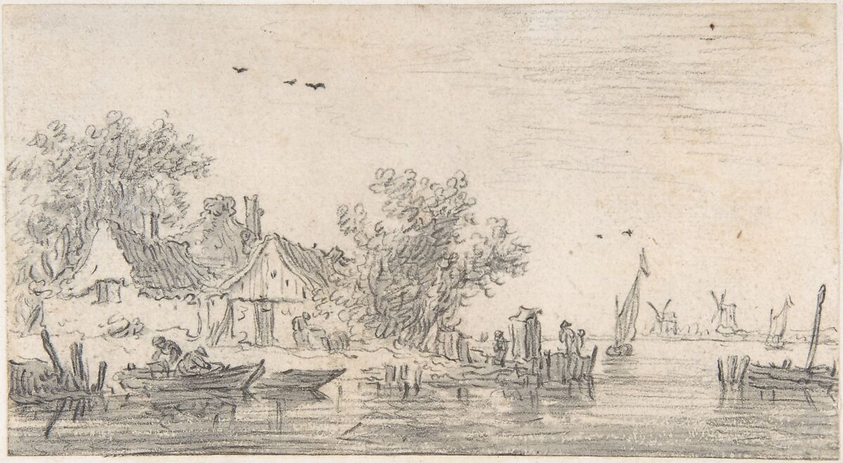 A River Estuary, Attributed to Jan van Goyen (Dutch, Leiden 1596–1656 The Hague), Pen, black ink and gray wash over black chalk. 