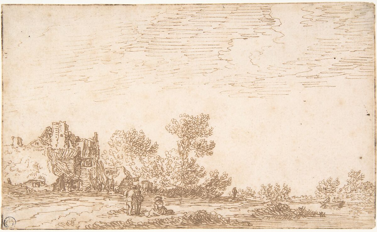 Landscape with River and Three Figures, Jan van Goyen (Dutch, Leiden 1596–1656 The Hague), Pen and brown ink. 