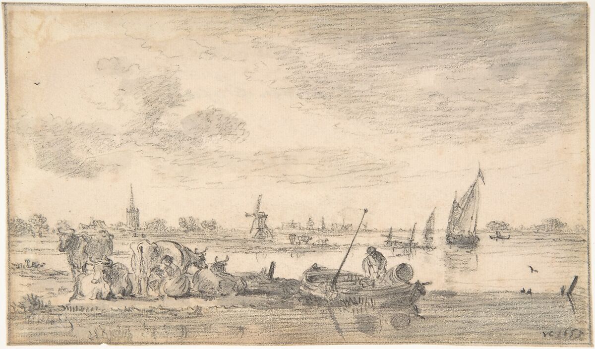 River Scene with Cows, Jan van Goyen (Dutch, Leiden 1596–1656 The Hague), Black chalk and gray wash 