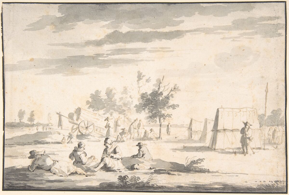 Landscape with Figures and Camp Site, Attributed to Josua de Grave (Dutch, Amsterdam 1643–1712 The Hague), Pen and brown ink, gray wash over faint traces of black chalk. 