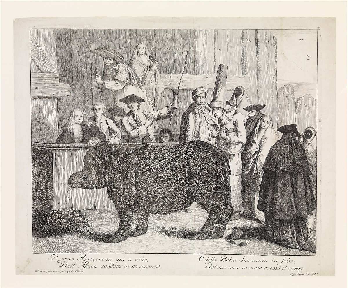 The Rhinoceros, Clara, in the foreground, her keeper holding her horn and a whip behind her at center with various other spectators in Carnival masks, Alessandro Longhi (Italian, Venice 1733–1813 Venice), Etching 
