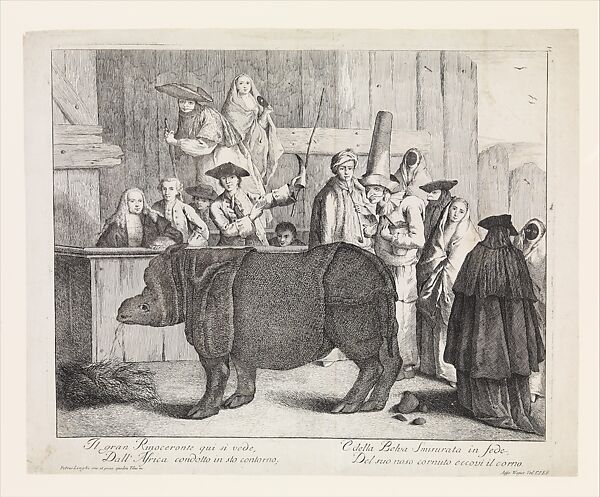 The Rhinoceros, Clara, in the foreground, her keeper holding her horn and a whip behind her at center with various other spectators in Carnival masks